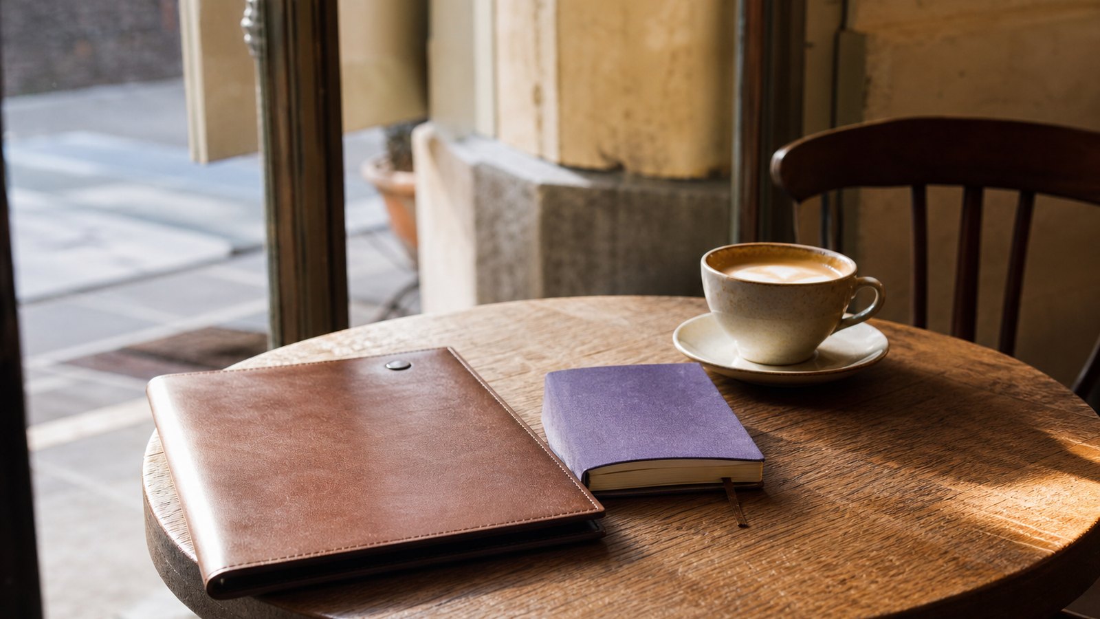 A café table in a Spanish-speaking country with a menu, coffee and a notebook