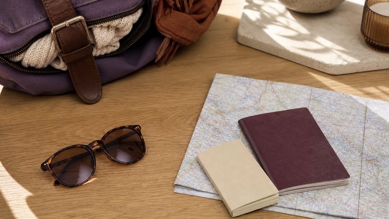 A passport, a small phrasebook and a map laid out on a table while packing for a trip to a Spanish-speaking country