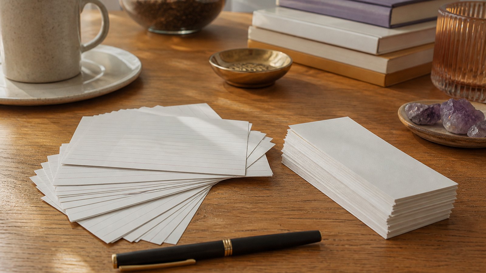 Spanish vocabulary flashcards spread out on a desk during a study session